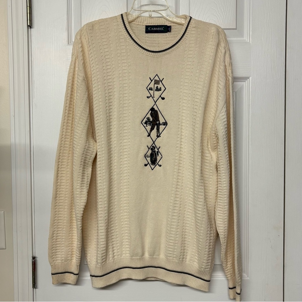 Vintage Carmel Golf Sweater Embroidered Cotton Pullover Sz L NWT